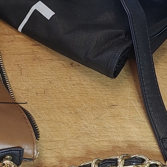 London Fog Cream,  Brown, Navy Striped  Shoulder Bag with Black Handles. - Picture 14 of 14